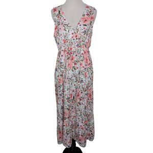 French Grey Floral Dress Womens Size Large Tiered V Neck Sleeveless Cottagecore